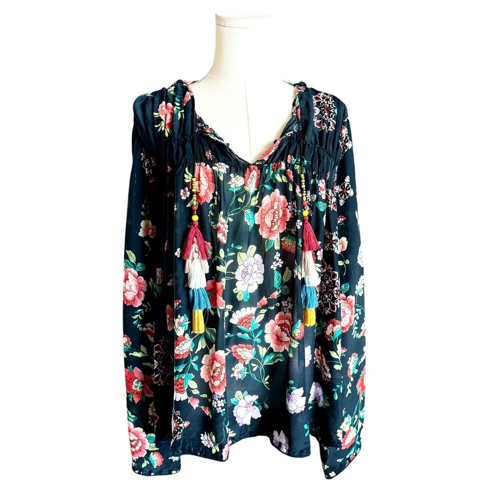 Johnny Was Floral Peasant Blouse Large Boho Tassel Tie Rayon Top Embellished - Picture 6 of 10
